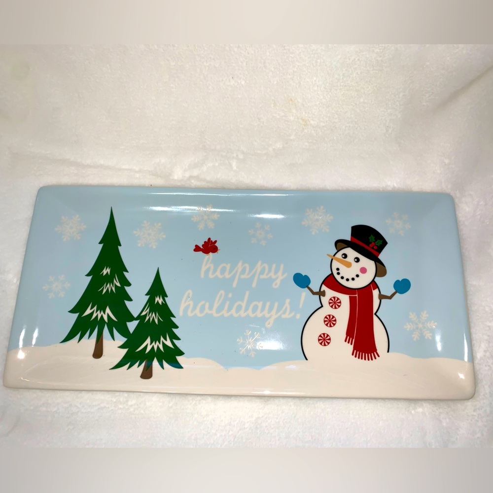 Happy Holidays blue snow scene serving platter‎ plate